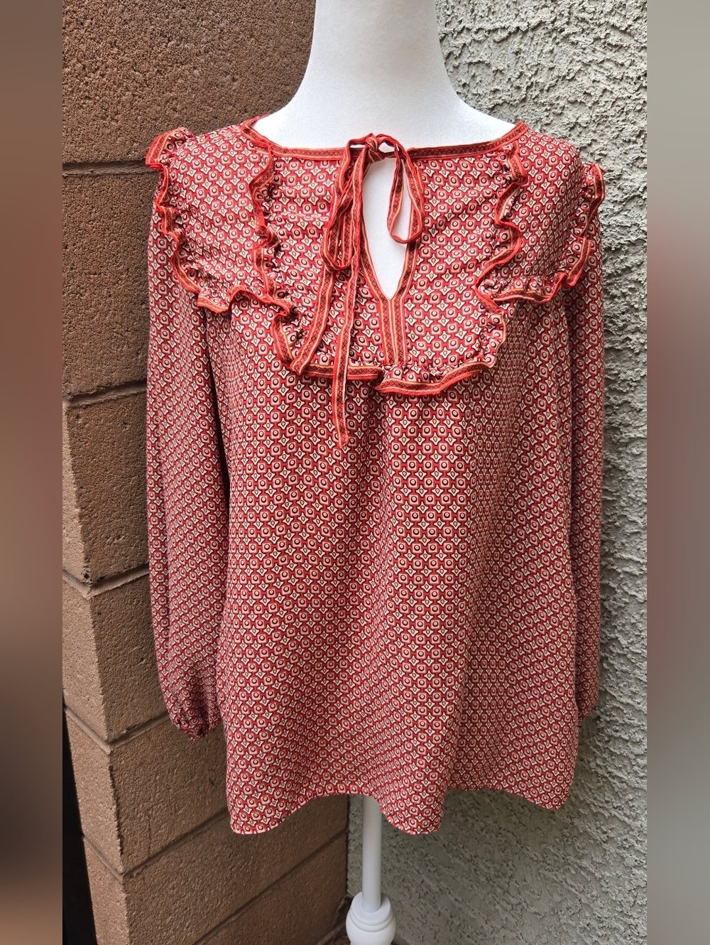 Max Studio Ruffled Tie-Neck Printed Blouse in Rust Red